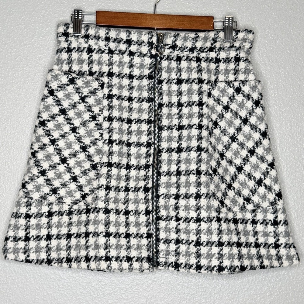 Hyve Black White Houndstooth Mini Skirt Ring Zip Front A-Line Y2K Clueless 90s L